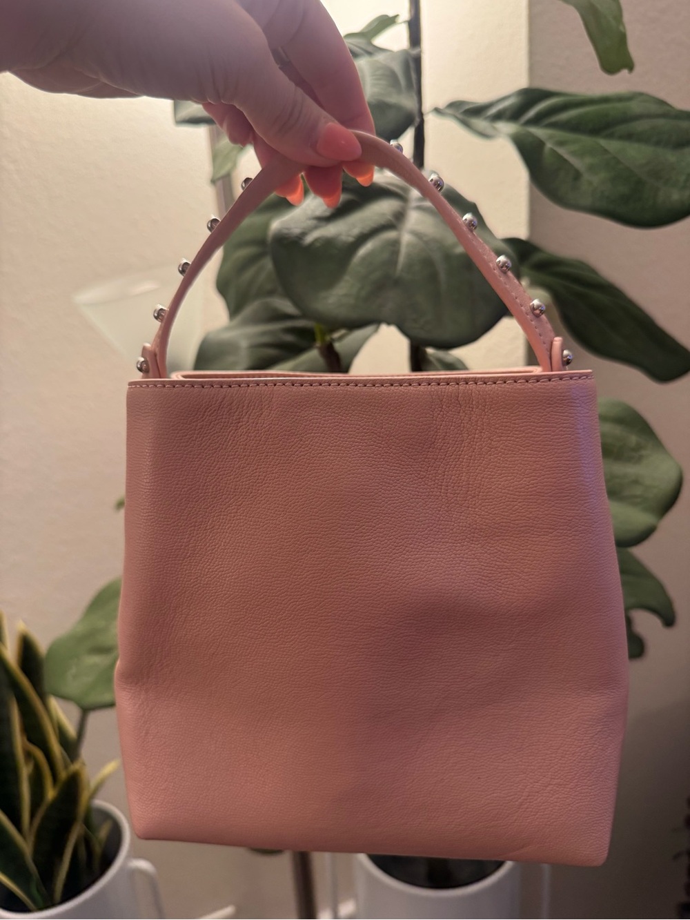 Rebecca Minkoff Blush Pink Leather Studded Handle Bucket Bag Tote Purse